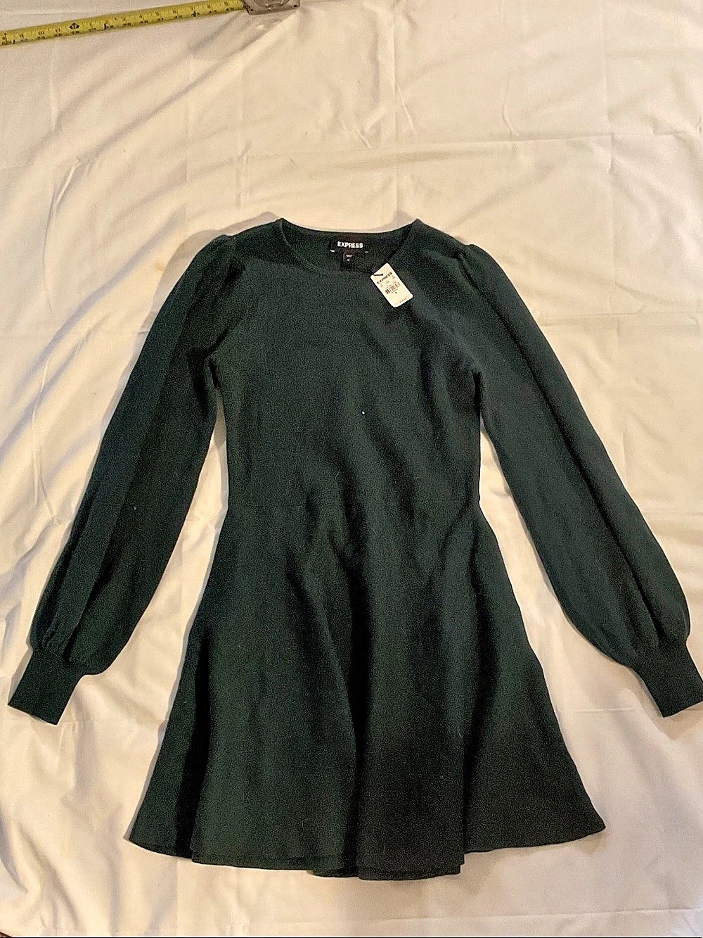 Express Crew Neck Puff Sleeve Sweater Dress Mini Dress Green